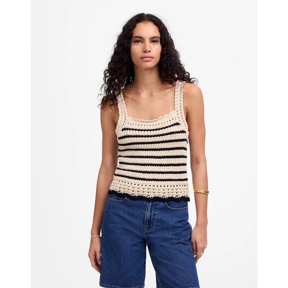 Madewell Women's Crochet-Stitch Cotton Sweater Tank Natural & Black Stripe M NWT